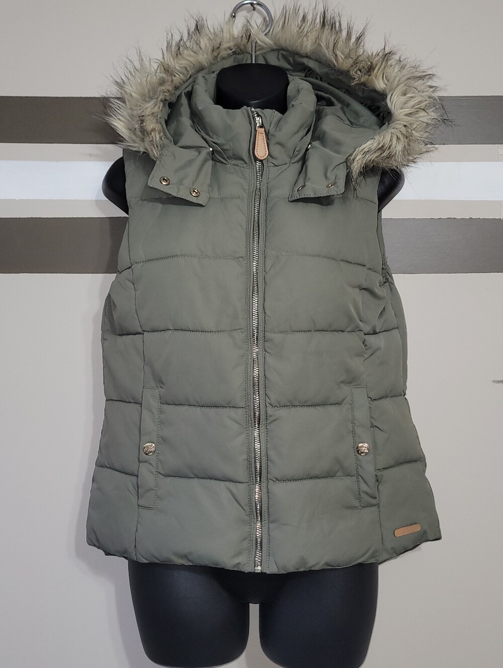 NWOT L.O.G.G. Olive Green Hooded Puffer Vest Jacket Faux-Fur Trim Sz 12-14 Years